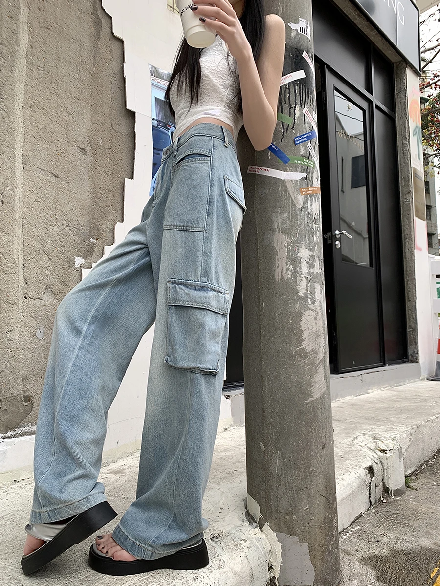 Benuynffy American Retro Baggy Jeans for Women Streetwear Y2k Multi-pocket High Street Loose Style Fashion Straight Cargo Jeans