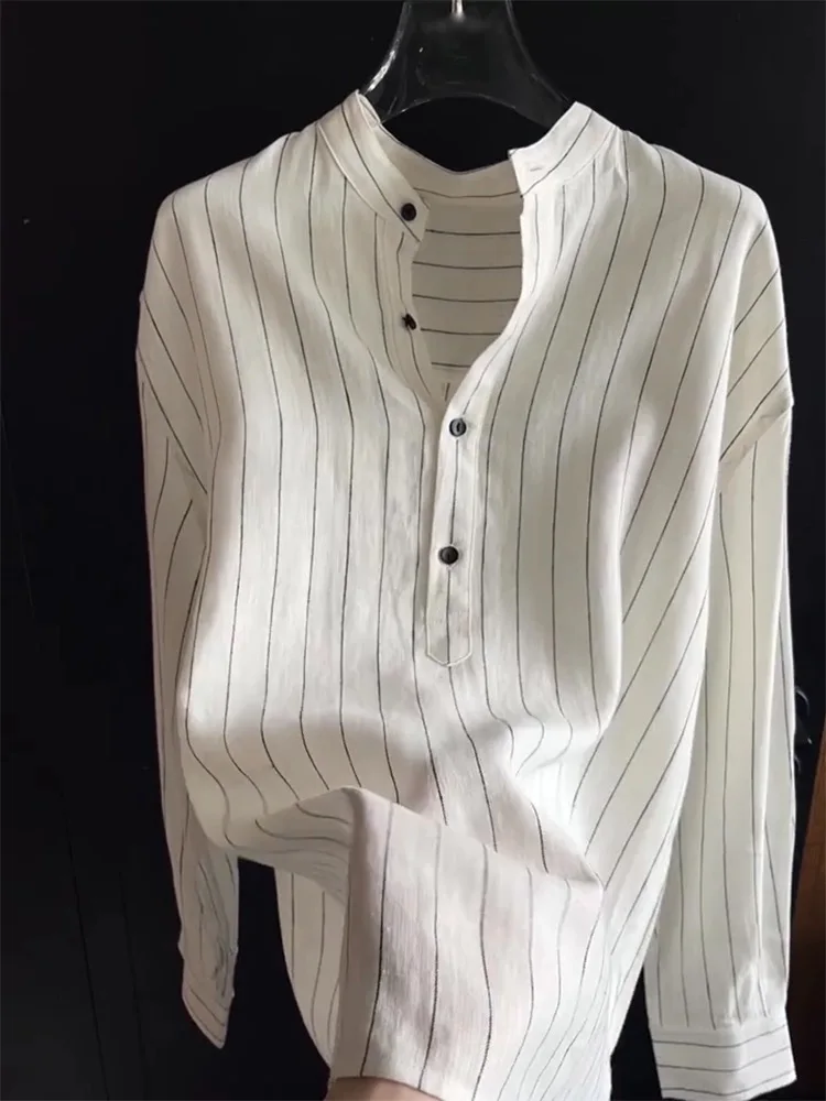 เสื้อไหมทรงตรง แขนยาว ลายทาง คอตั้ง ทรงหลวม สไตล์เกาหลี ดีไซน์เรียบง่าย ใส่ได้หลายโอกาส สำหรับผู้หญิง ฤดูใบไม้ร่วง