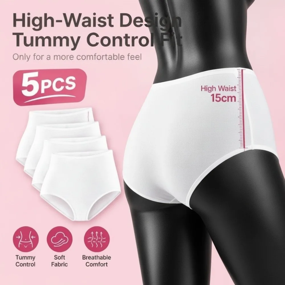 5Pcs 15cm High Waist Disposable Underwear Pure Cotton Crotch Antibacterial Travel Cotton Panties Comfortable Portable
