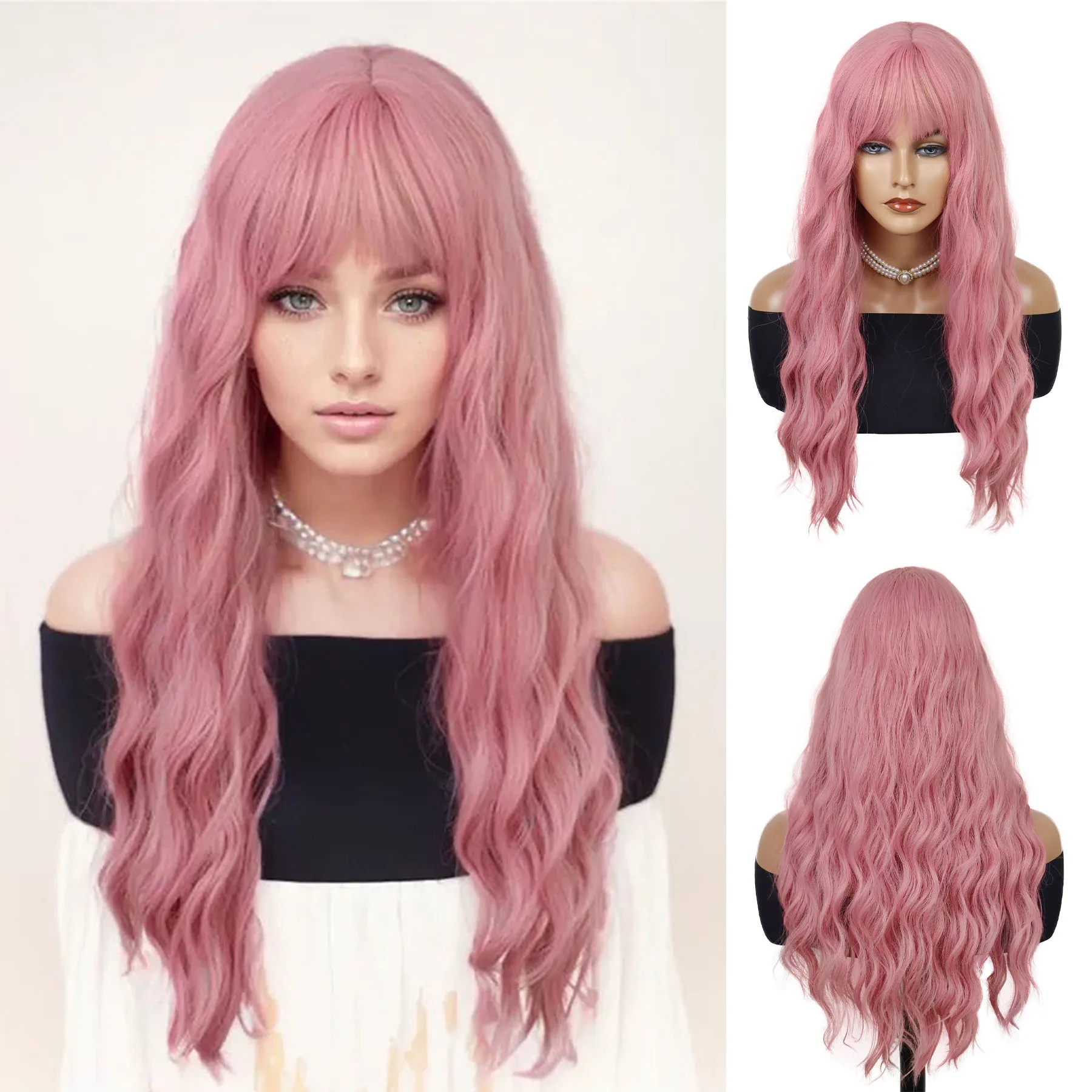 

Synthetic Pink Wig Long Wavy Wig for Women 28 Inch Curly Wigs with Bangs Natural Looking Heat Resistant Daily Cosplay Halloween