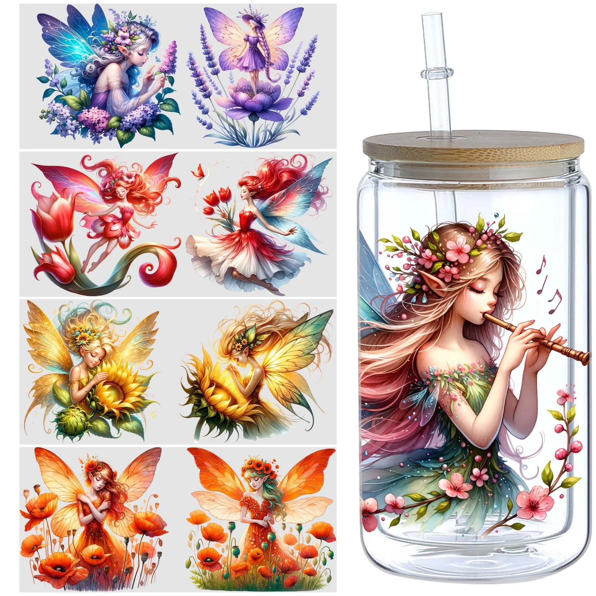 5sheets Flower Fairy UV DTF Cup Packaging for 16oz Glass Cup, Waterproof Beautiful Design Sticker Suitable for 16oz Glass Cup