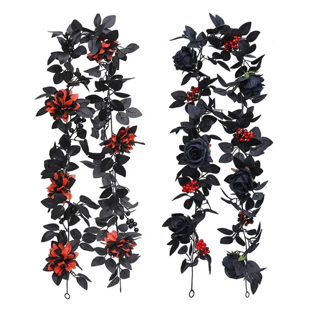 Black Halloween Rose Leaf Vines Simulated Flowers 175cm Artificial Rose Vines Realistic Handmade Halloween Garland