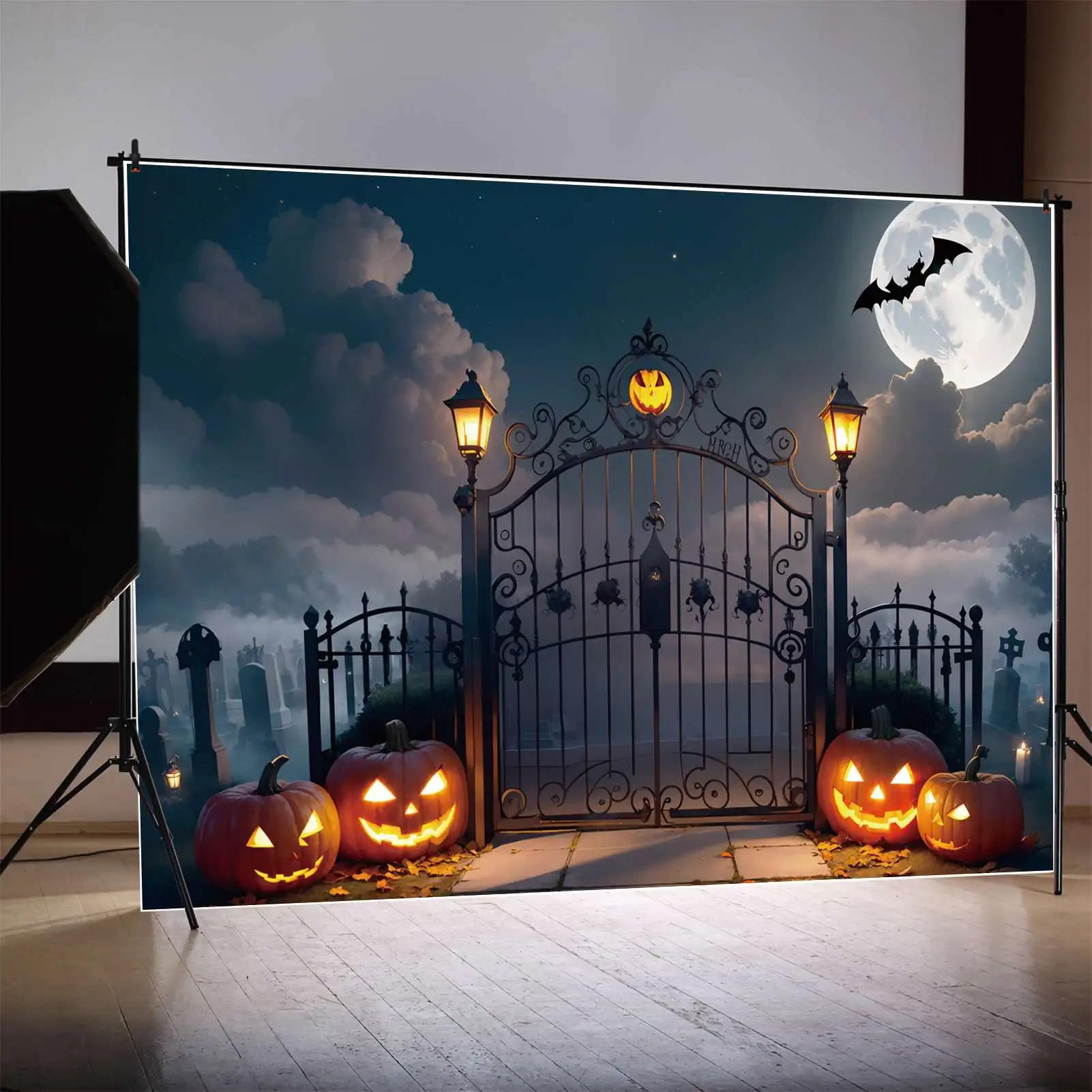 

MOON.QG Photography Backdrop Halloween Pumpkin Lantern Cemetery Arch Gate Photo Background Custom Child Party Photographic Props