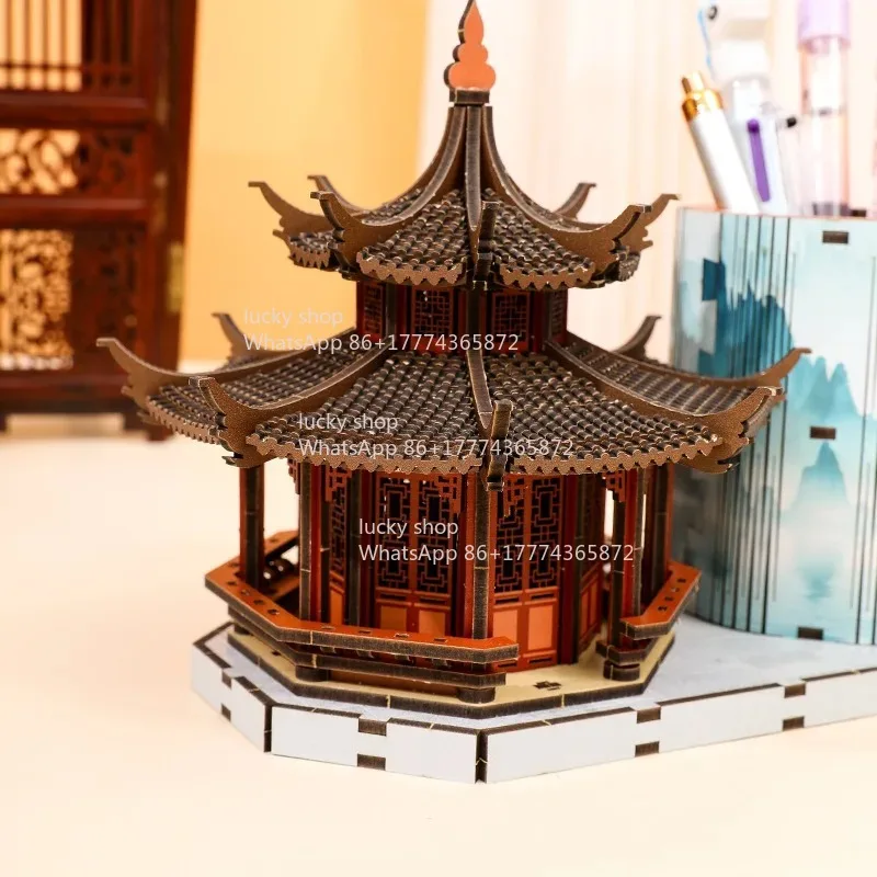 

Chinese Ancient Architectural Culture Octagonal Pavilion Pen Holder Assembly Miniature Model Kit