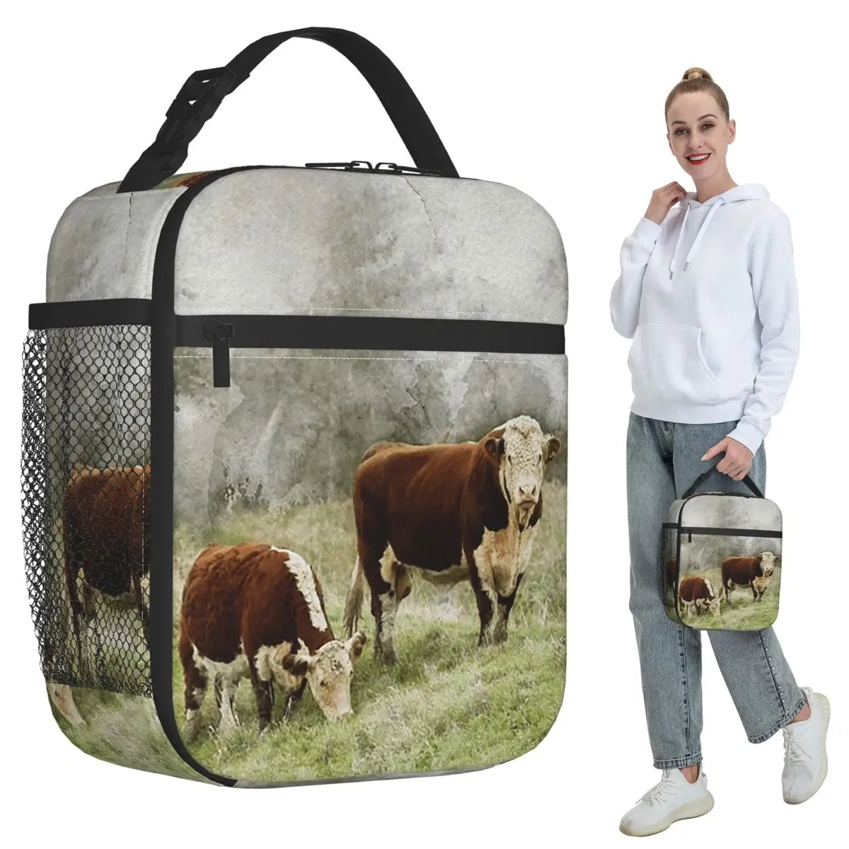Bolsa térmica isolada com fotografia em aquarela de touros e vacas de Hereford, para crianças, escola, caixa térmica para alimentos, sacola para almoço