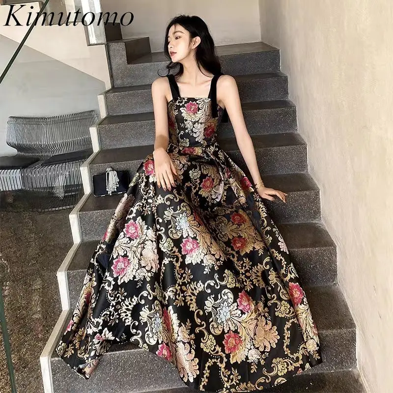 

Kimutomo Contrast Flowers Evening Dress Celebrity Style Lace Up High Waist Vestidos De Fiesta Korean Embroidery Maxi Dresses