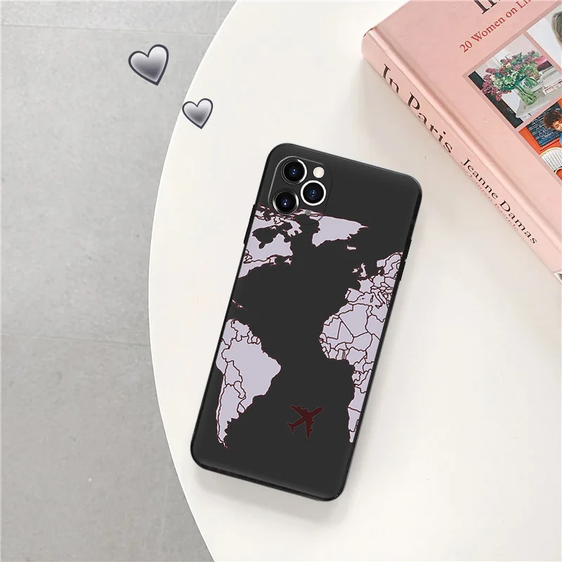 Black Matte Phone Case for iphone 16Pro 15 14 13 12 Mini 11 Pro Max 7 8 Plus X XS XR Airplane Heart World Map Rocket Soft Cover image 2