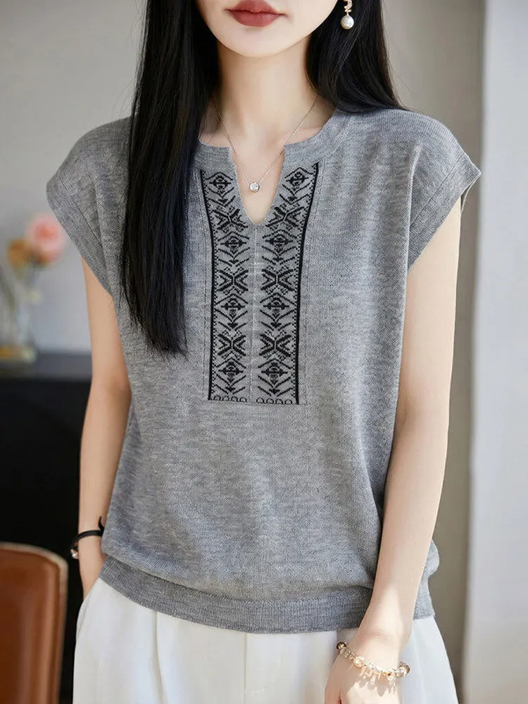 2026 New Fashion Slimming Knitted Short Sleeve T-Shirt Women's V-Neck Embroidered Loose Versatile Thin Bamboo Rayon Shoulder