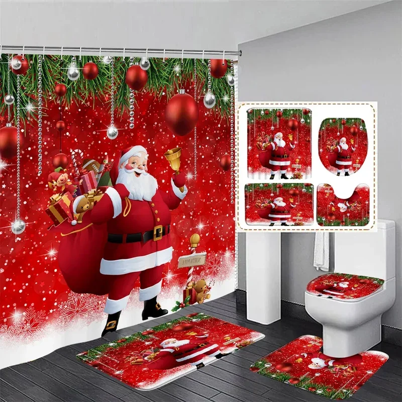 Red Santa Claus Shower Curtain Set Green Pine Branch Snowflake Xmas Balls Gifts Christmas Bathroom Decor Bath Mats Toilet Cover