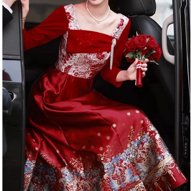 

Elegant Bridal Wedding Banquet Gown New Chinese Style Dress Horse-Face Skirt Cheongsam Women Hanfu Long Sleeve Vestidos Qipao