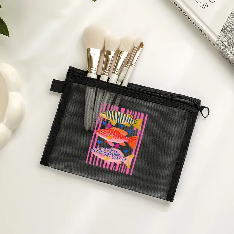 

Maximalist Tropical Fish Trio Makeup Bag with A Zipper Spacious Storage Pouch Travel An Ideal Holiday Mesh Bags Fish Lover Gift