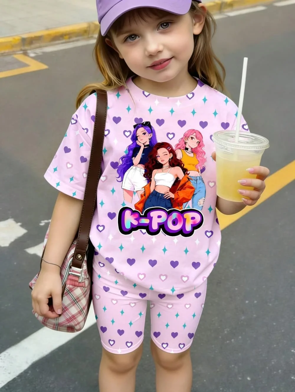 K-Pop Cartoon Grafik Mädchen T-Shirt und Hosen Set Mädchen Sommerkleidung Niedliches Kurzarm-Set Kinder T-Shirt und Shorts Set – Detail 3