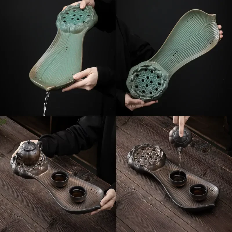 

【CHIMU HOME】 Dry Pour Porcelain Kung Fu Tray for Japanese Heart Lotus Design Eco Friendly Japandi Style Vintage Home Use