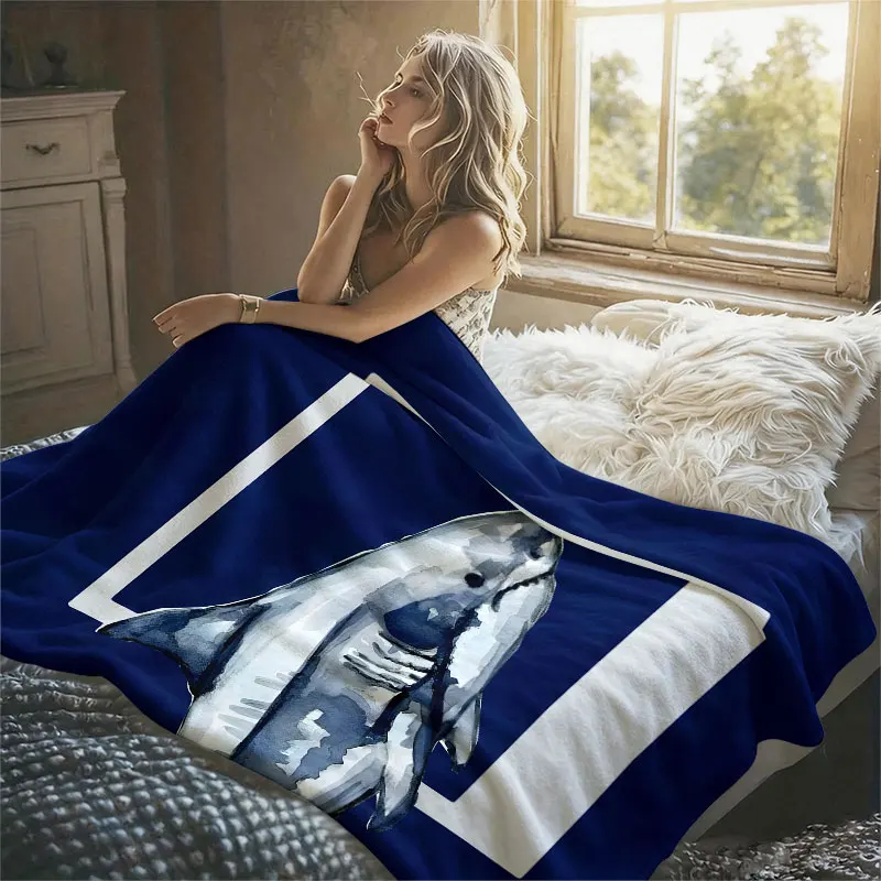 Watercolor Shark Navy Flannel Blanket Perfect for Sofa Office Bed Travel Sleep Read Relax Camping Four Season Use
