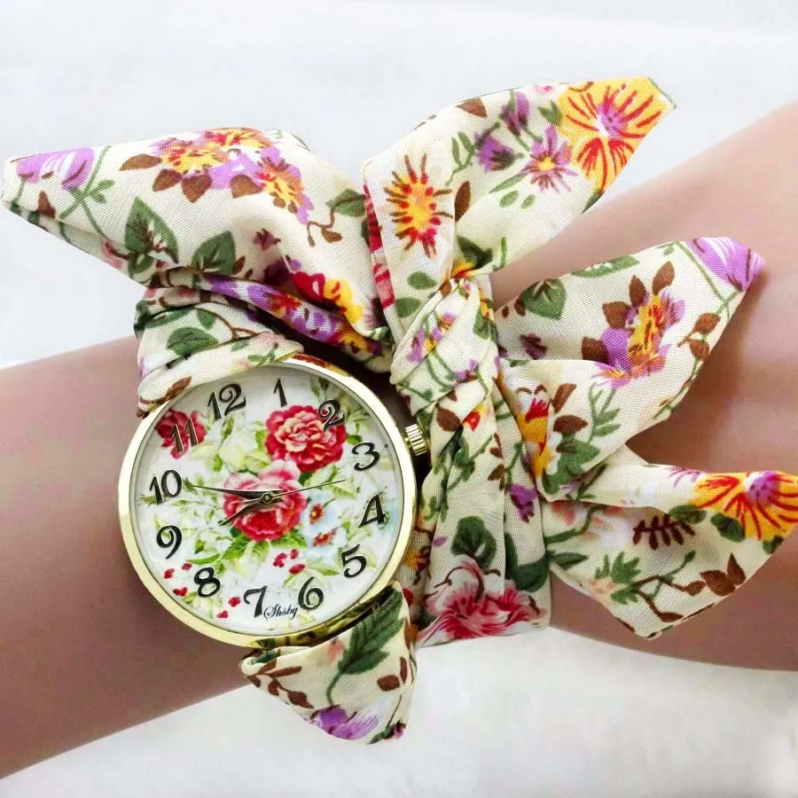 Shsby Ladies Butterfly Orchid Flower Cloth Wristwatch Fashion Women Dress Watch Silky Chiffon Fabric Watch Bracelet Watch