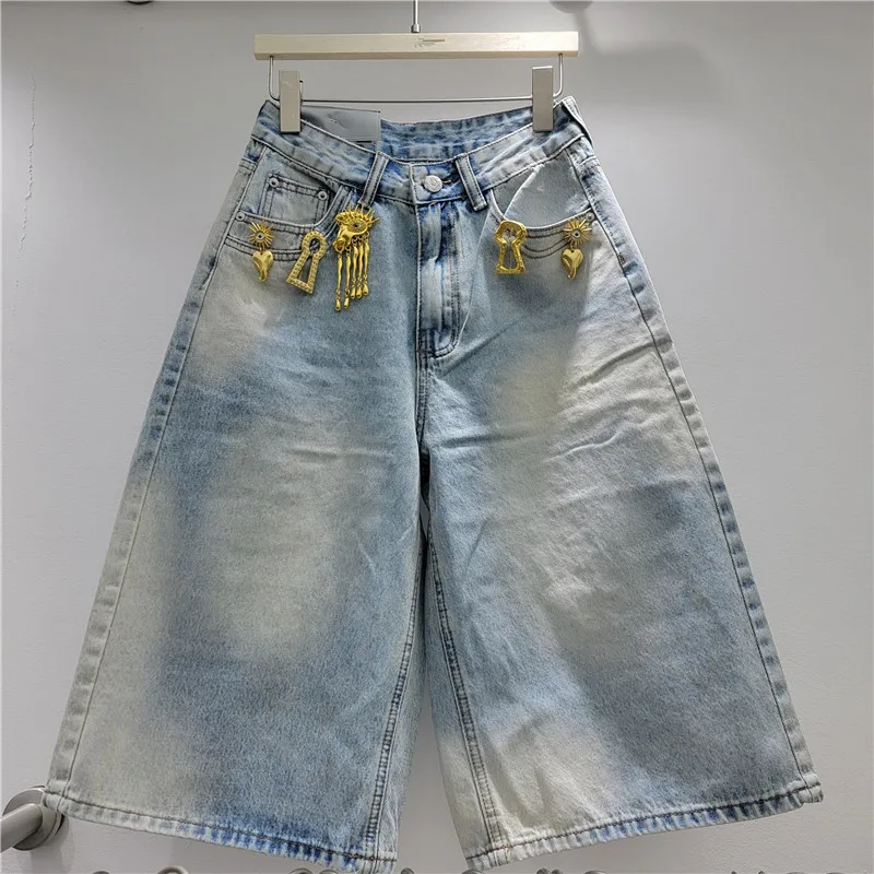 

American Light Blue Wide-leg Cropped Jeans Women's 2026 Summer New Arrival High Waist Metal Buckle Straight-leg Medium Pants