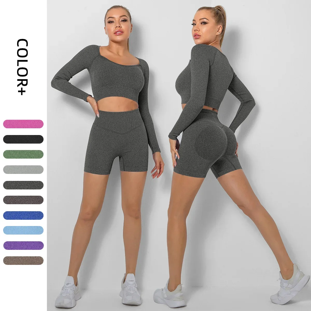 

Yoga suit long sleeve top shorts Sports set for gym set Yoga sports wear for women gym set women's fitness suits workout clothes