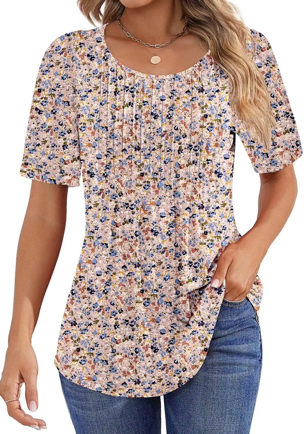 Women's Floral Scoop Neck Top Short Sleeve Pleated Front Relaxed Fit Tunic Blouse with Pockets Casual Summer Shirt