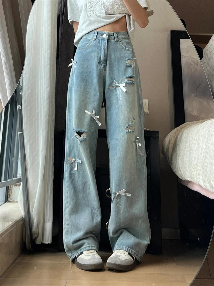 

Women's Bowtie Distressed Light Colored Thin Jeans Summer Cool Girl Pant Street Bottoms Female High Waisted Baggy Denim Trousers