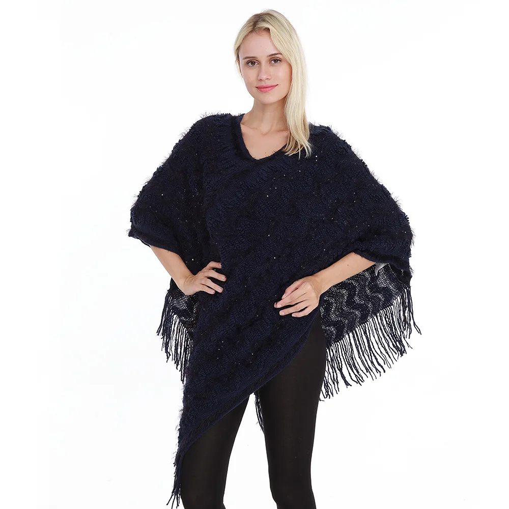 Women Spring Autumn Tassels Shawl Lady Knit Two Way Poncho Sweater Solid Color Pullover Loose Wrap in Fall Wholesale Drop Ship