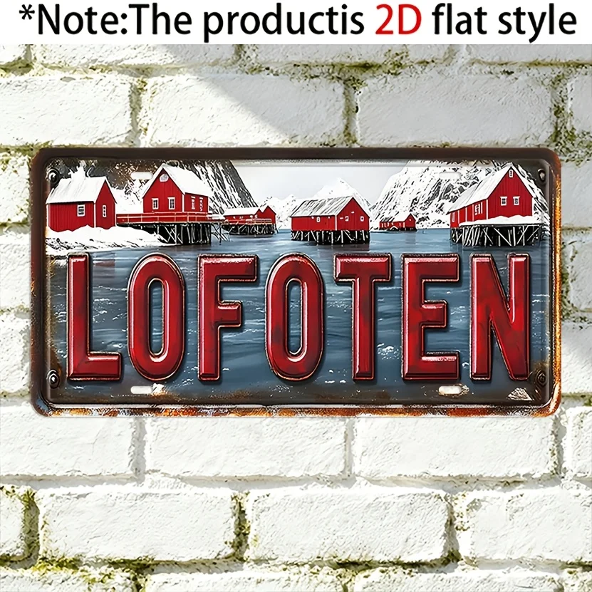 2D Flat, [2D Flat] 2D Plane - Only for Decoration. Red Wooden House by the Norwegian Rovonden Beach, Retro Aged Metal Outdoor