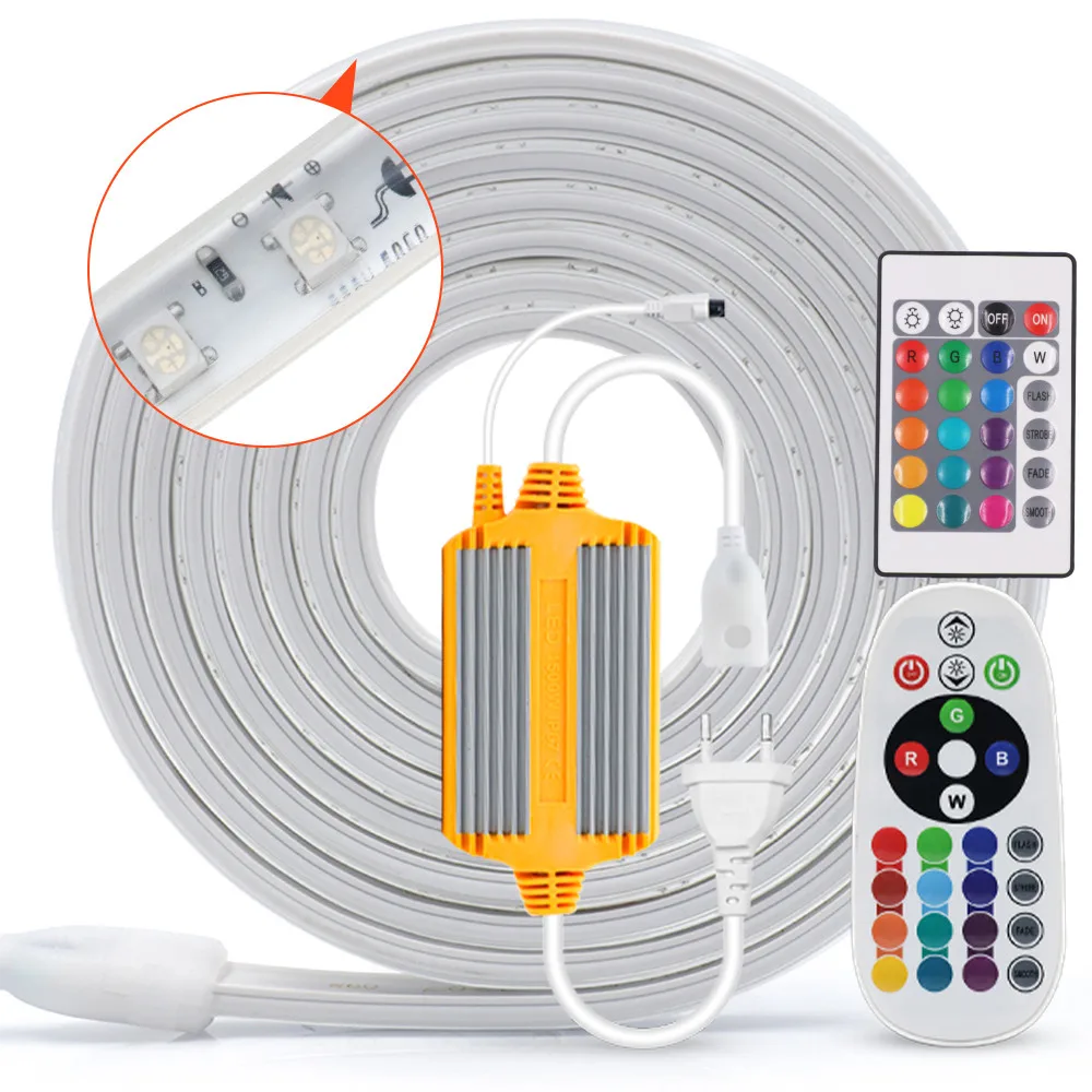 

220V RGB LED Strip Light With IR Remote Controller 5050 IP67 Waterproof Flexible Tape Diode Ribbon 1M-15M For Home Outdoor Decor