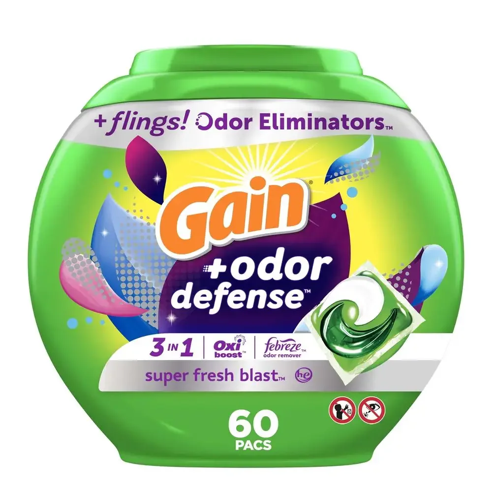 Odor Defense Laundry Detergent Packs Super Fresh Blast Scent 60 Ct Concentrated Cleanse Pods 3-in-1 Formula Long-Lasting