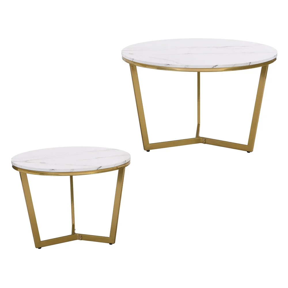 Oversized Round Coffee Table Set of 2 Nesting Marble Pattern White Wood Metal Gold Frame Suitable Living Room Accent Furniture