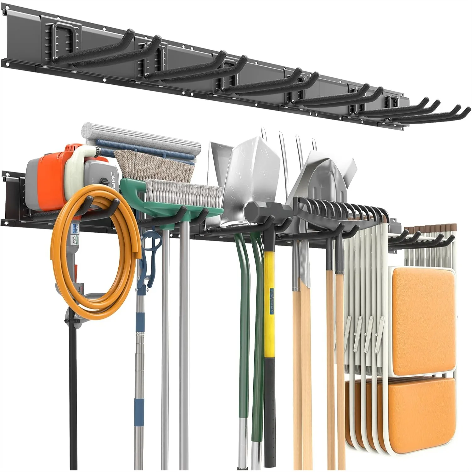 

Wall Mount Garage Tool Storage Organizer with 6 Adjustable Hooks, Heavy Duty 48" Rail, Max Load 450 lbs for Garden Tools