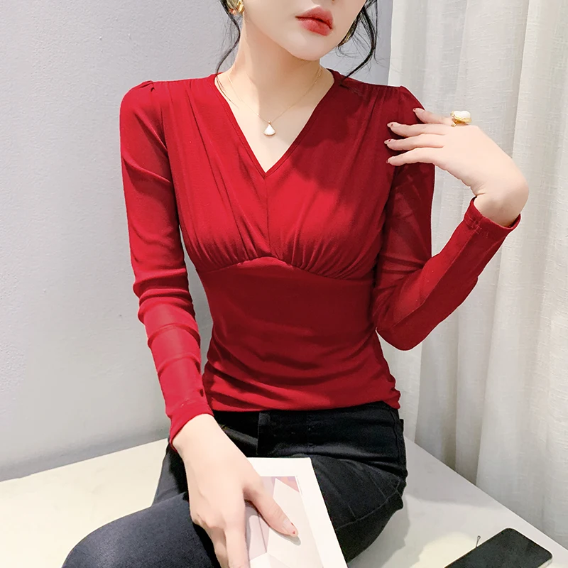 #7456 Black Red Short Skinny T Shirt Women V-neck Folds Sexy Split Joint Long Sleeve T Shirt Female Stretch Mesh Tee Shirt Femme