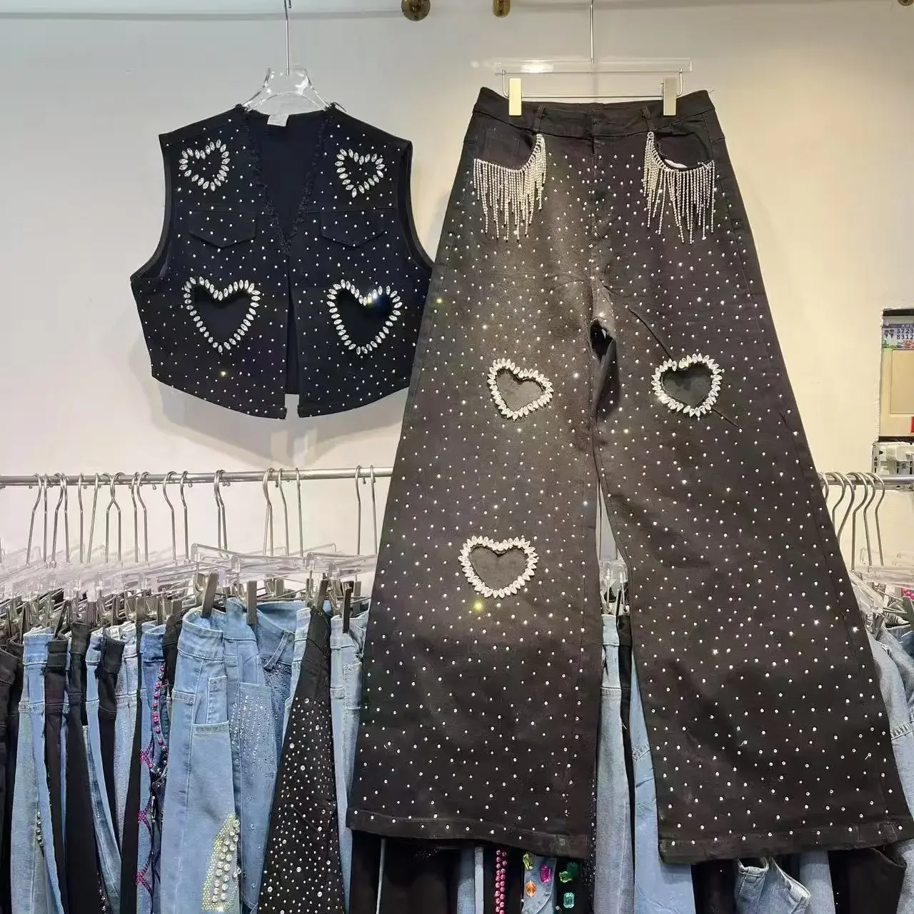 Female Pant Sets Solid Zipper Fly Women Straight Jeans Full Length Jean Washed Denim Trousers Diamonds High Street Loose