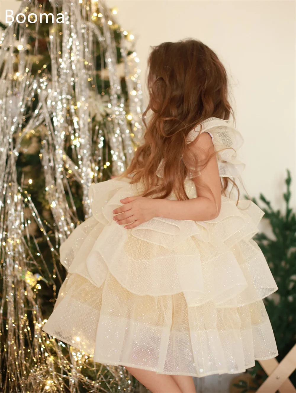 Booma a-line رقبة دائرية لامعة مطوي زهور فتاة فساتين حفلات الزفاف للأطفال زهور بنات فساتين حفلات مخصصة 2025
