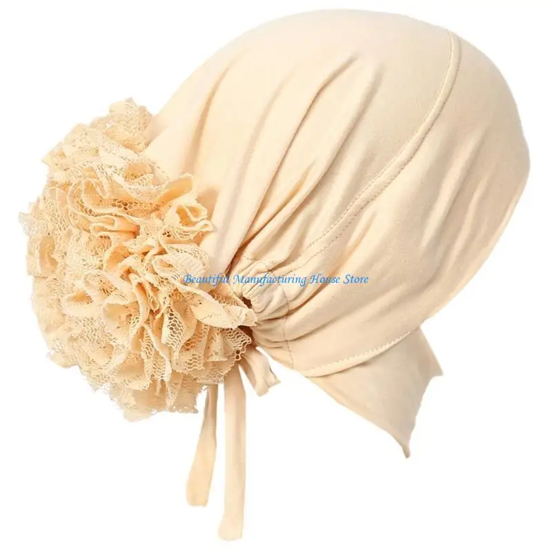 E56A Bonnet Stretch Flower Hijab Hair Wrap Turban Hat for Women Dressing Up