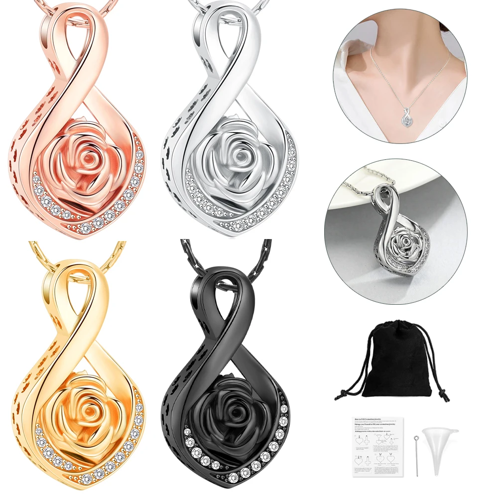 

Infinity With Rose Cremation Urn Necklace Stainless Steel Small Urns Pendant For Ashes Keepsake Women Memorial Jewelry Customize