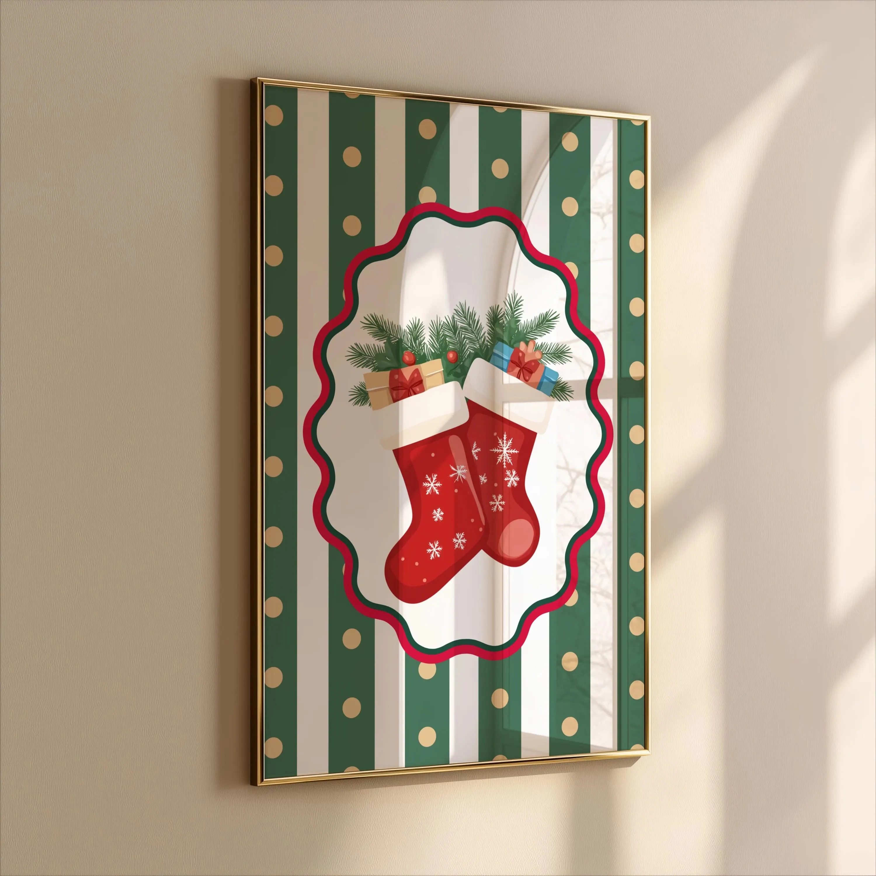 Set of 3 Cute Christmas Wall Art,Stripe Polka‑dot Xmas Stocking Bauble & Holiday Quote Print,Farmhouse Living Room Holiday Decor