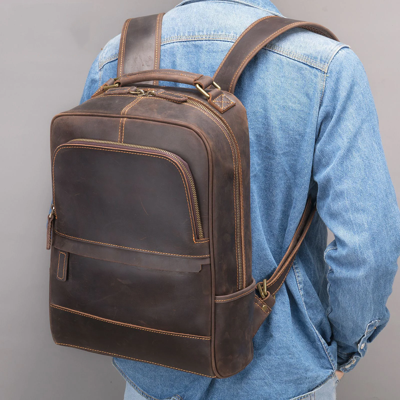 

dropshipping leather backpack vintage bagpacks for men male travel crazy horse men's pack A4 school 14 inch