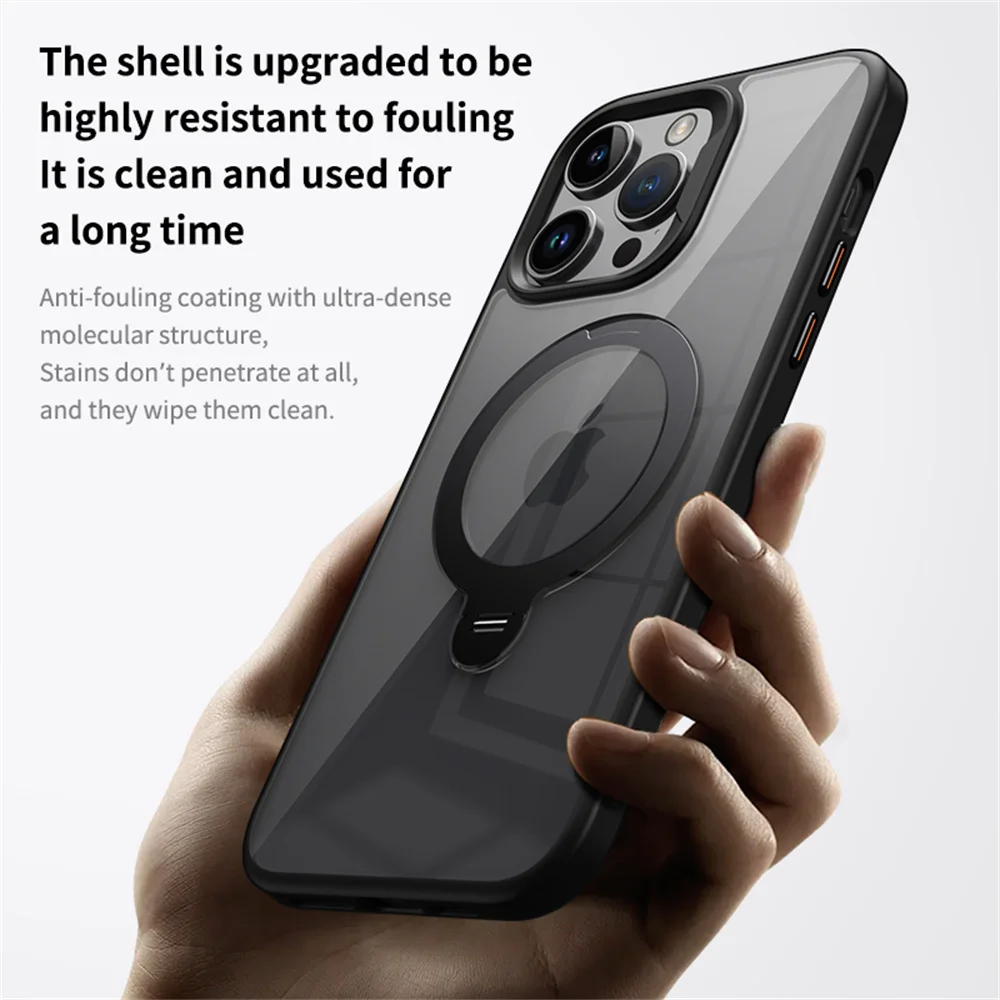 Rotating Folding Stand Clear Magnetic Phone Case For iPhone 12 13 14 15 16 Pro Max Swivel Holder TPU Bumper Acrylic Back Cover