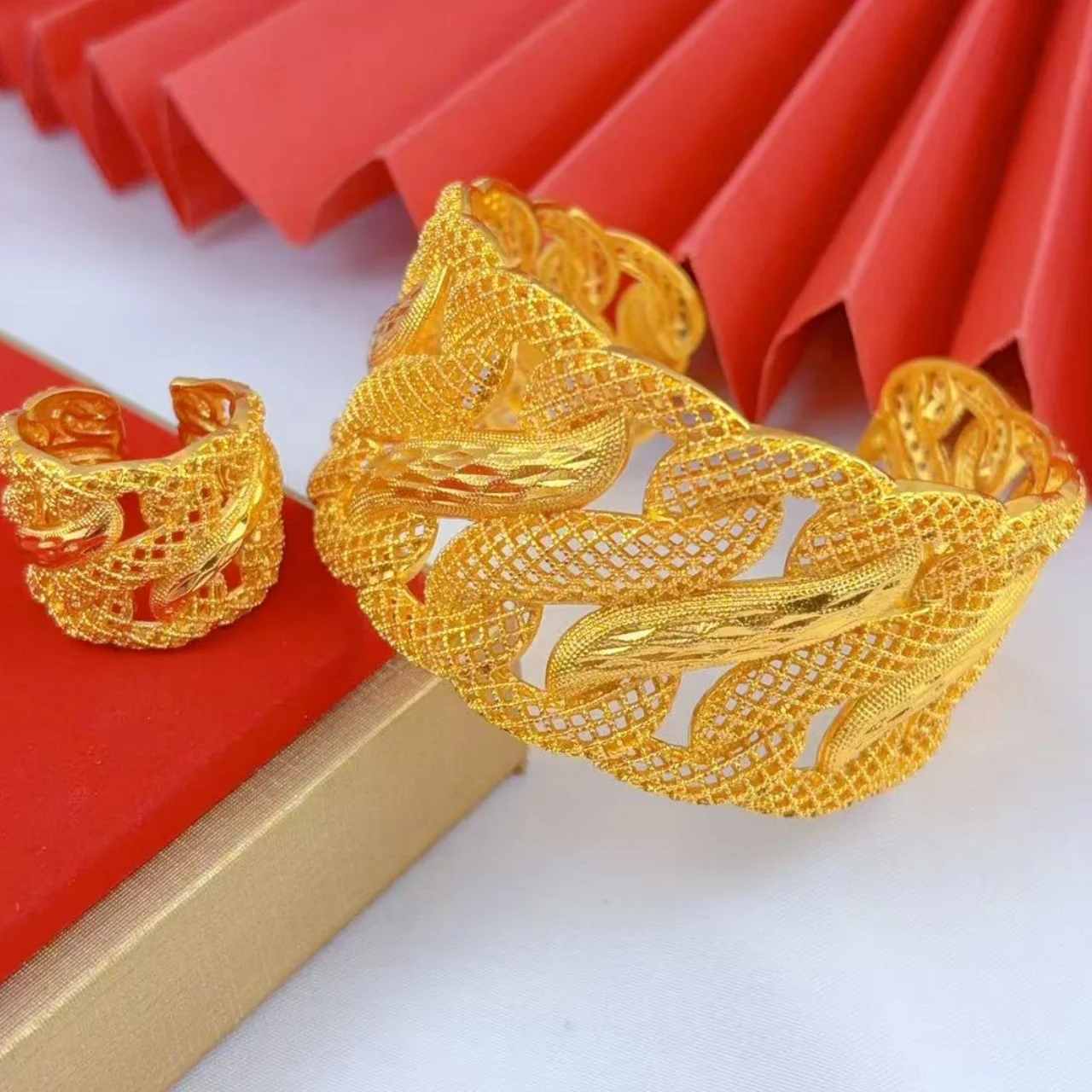 Vergoldete Armbänder und Ringe im orientalischen Stil für Frauen, Dubai, Indien, Afrika, elegante Armreifen, Hochzeit, Äthiopien, arabischer Schmuck