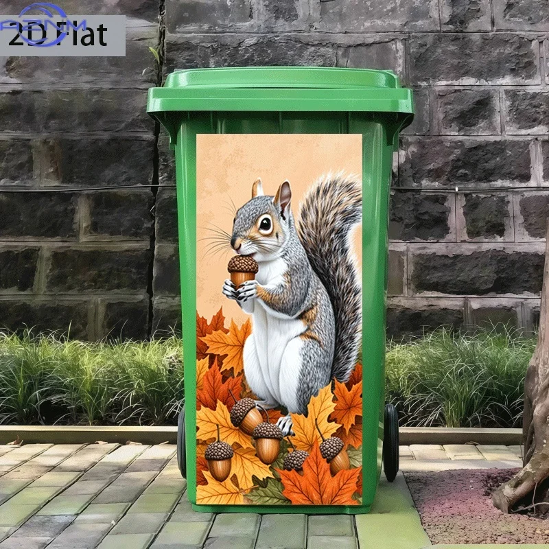 2D Flat Printing 1pc 2D Pattern Printed Kitchen Trash Can Sticker, Squirrel Holding Fruit with Autumn Leaves Theme Kitchen Hom