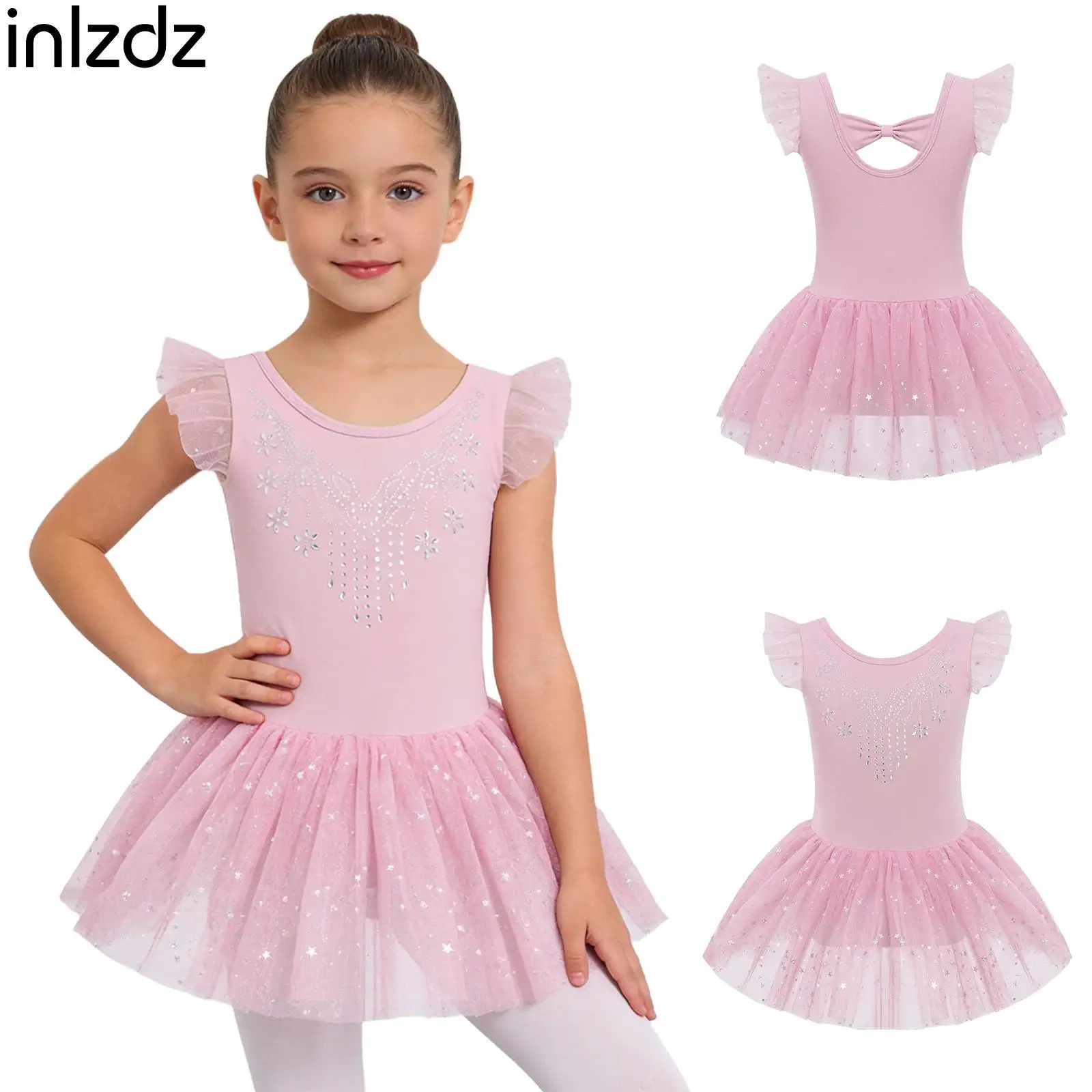 

Балетное платье-леотард для девочек: праздничное, с рюшами на рукавах, бантом на спине, стразами на лифе, пайетками и тюлем, для выступлений