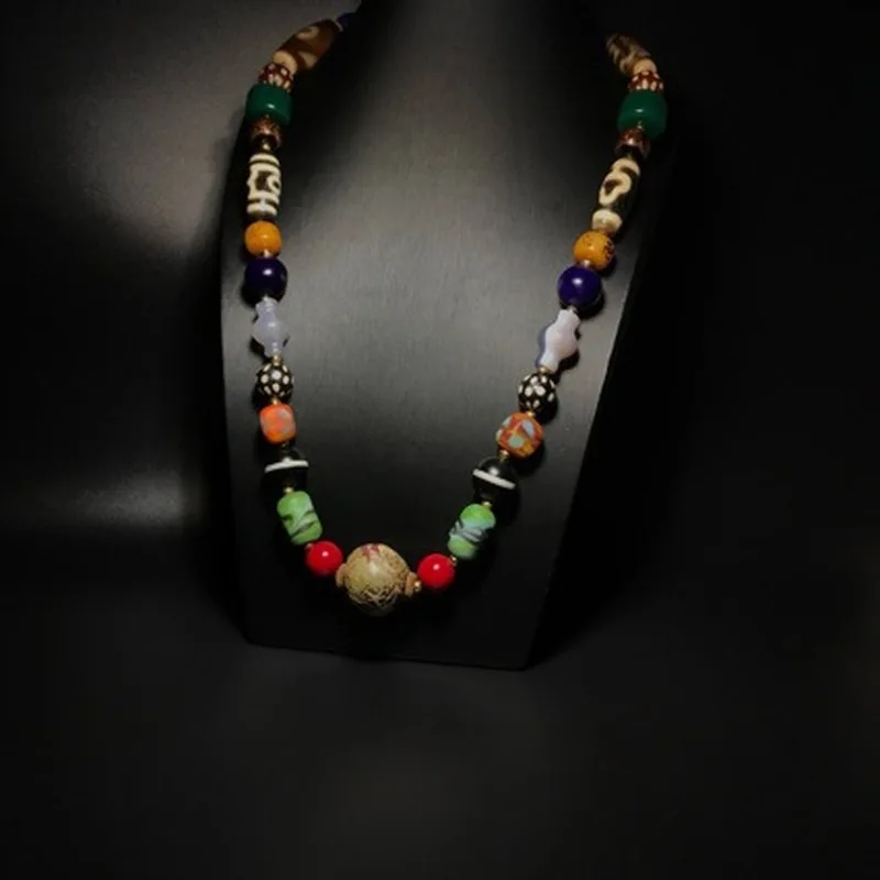 Vintage Tibetan-Style Dzi Bead Agate Necklace, Cultural Accessory, Hand-Woven Rope Pendant, Buddhist Beads Men And Women