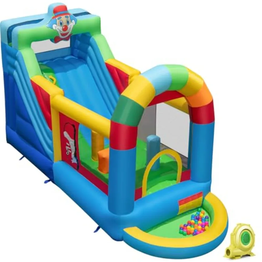 Casa da rimbalzo 14,5x6FT, ponticello gonfiabile con scivolo, bracciolo con palline, parete da arrampicata, ostacoli, area di salto, borsa per il trasporto, kit di riparazione, pollici