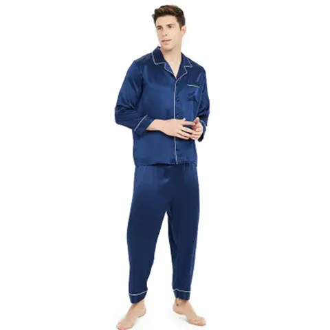 100% silk long-sleeved Sleepwear New silk pajamas for men  spring summer   long Full sleeve two-piece Blue Solid L XL XXL