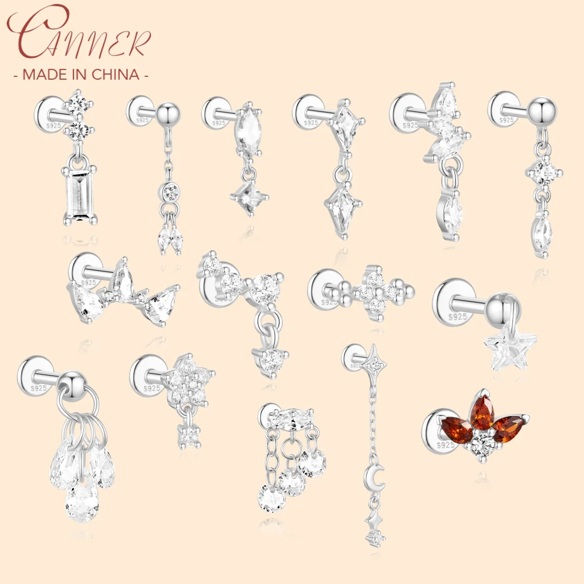 CANNER 1pc 925 Silver Horse Eye Stars Flower studs For Women 18K Gold Flat Head Threaded Puncture Ear Bone Ins Fine Jewelry