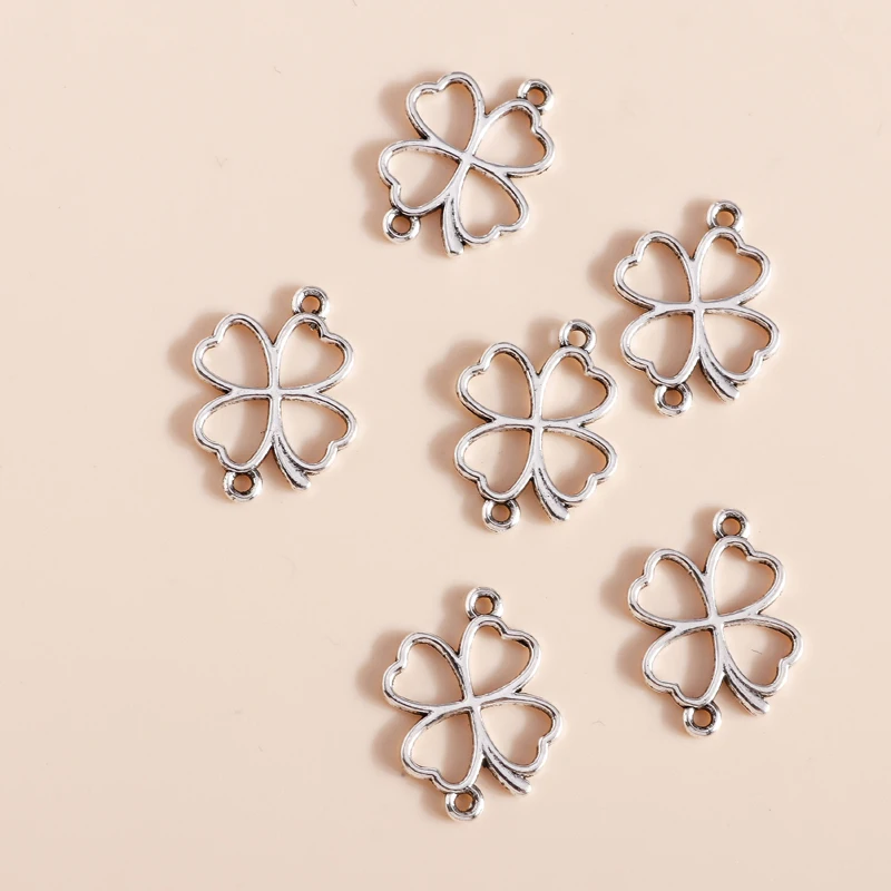 Leslie 50 Stück Blumen-Charms, glückliches irisches vierblättriges Kleeblatt, Gold, Silber, Farbe, Anhänger, antiker Schmuck, DIY, handgefertigtes Handwerk – Detail 10