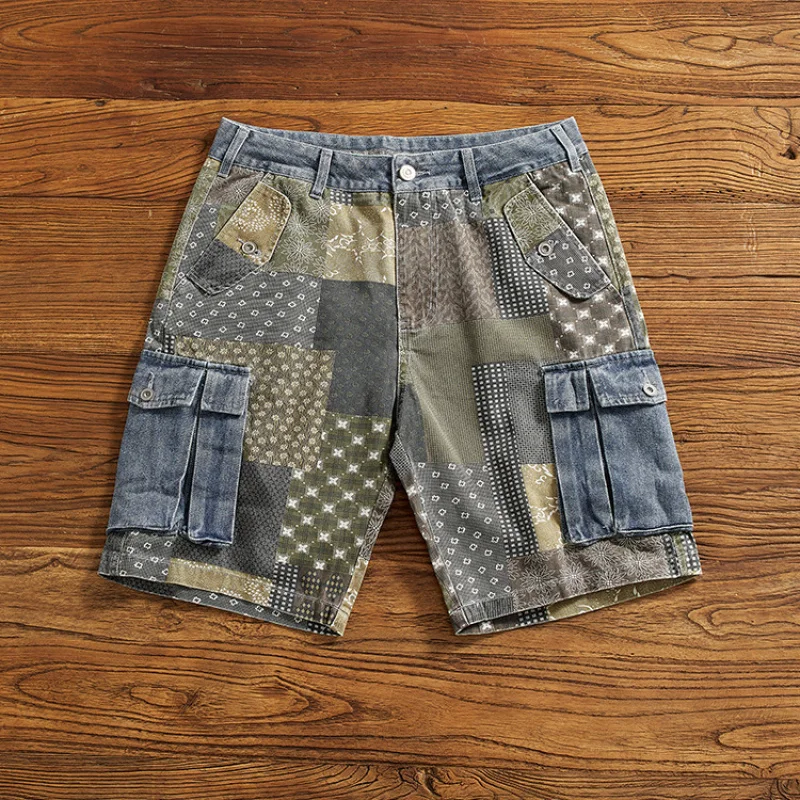 Cashew flower print workwear denim shorts men's loose summer distressed washed casual five quarter pants