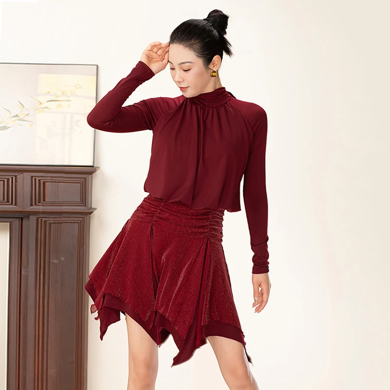 

Платье для латинских танцев для взрослых, 2025 г., женские платья для выступлений с длинными рукавами, красная одежда для латинских танцев, тренировочная одежда для ча-ча-румбы 4593