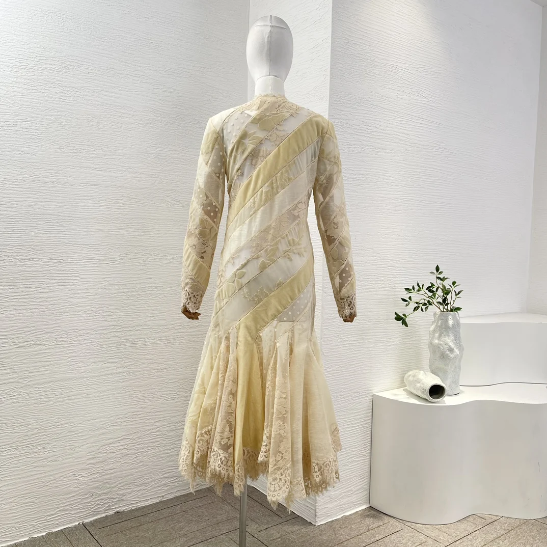 2025 New Hot Black Beige Lace Patchwork Irregular Hem Pleat V Neck Midi Dress for Women