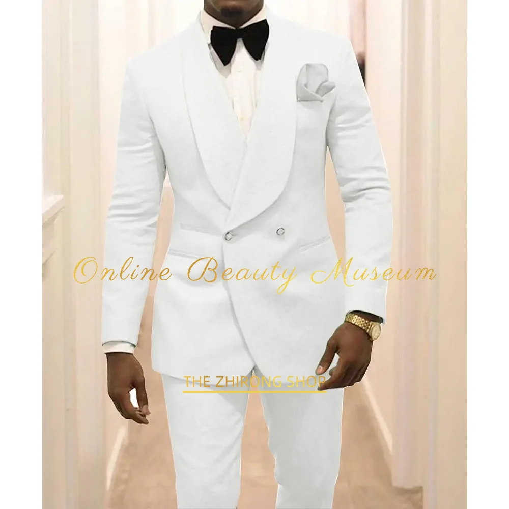 Men's Shawl Lapel Wedding Suit, Double Breasted White Elegant 2-piece Suit, Engagement Party Wedding Birthday Cocktail Party