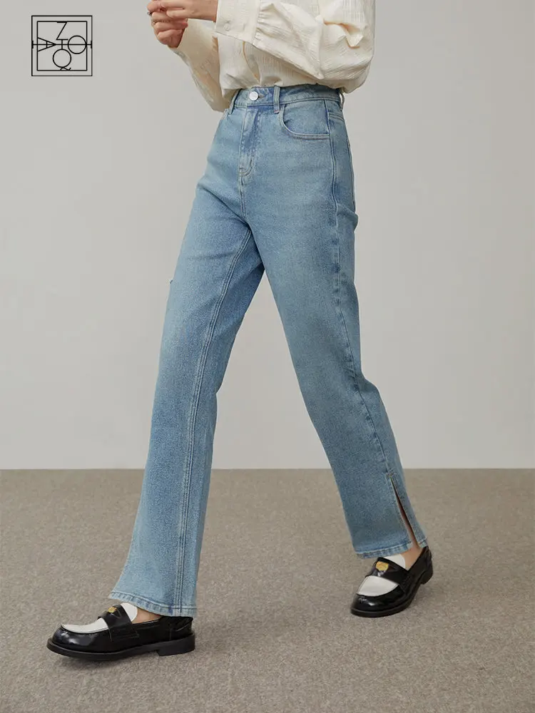 

ZIQIAO Design Sense Light Blue Straight Leg Slit Jeans for Women Spring New High Waist Thin Ripped Trousers Casual Female Jeans
